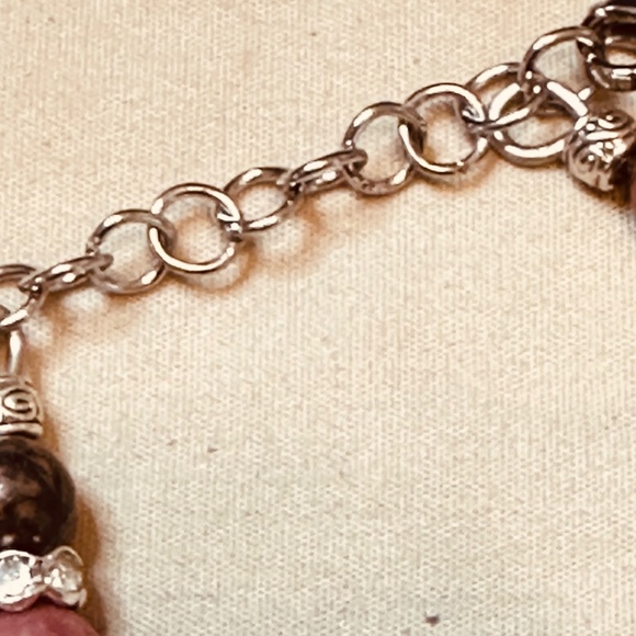 Stainless Steel Chain Link Bracelet Removable Skull Charms Round Rhodonite Beads - Picture 8 of 8